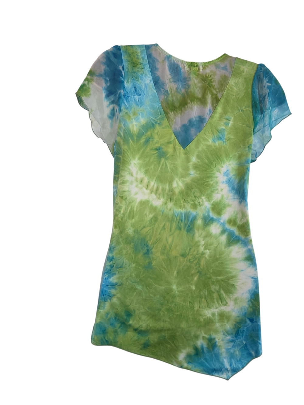 One World Green Blue White Flutter Sleeve Handkerchief Hemline Lined Blouse 1X - Picture 7 of 12